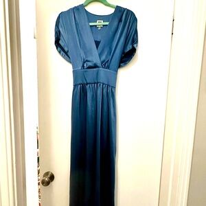 Elegant Blue V neck satin Dress
